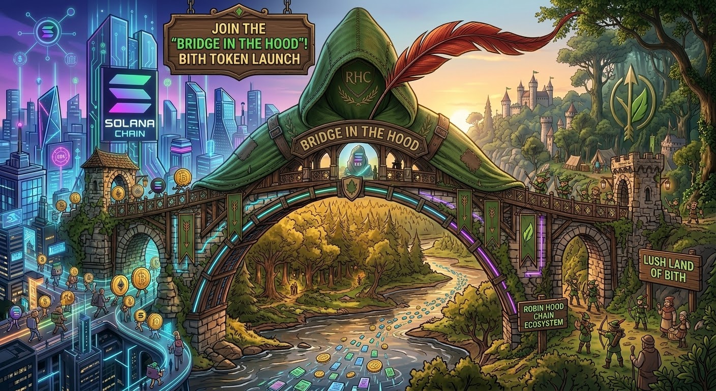 Illustrated bridge between a neon Solana skyline and the green forest of Robinhood Chain