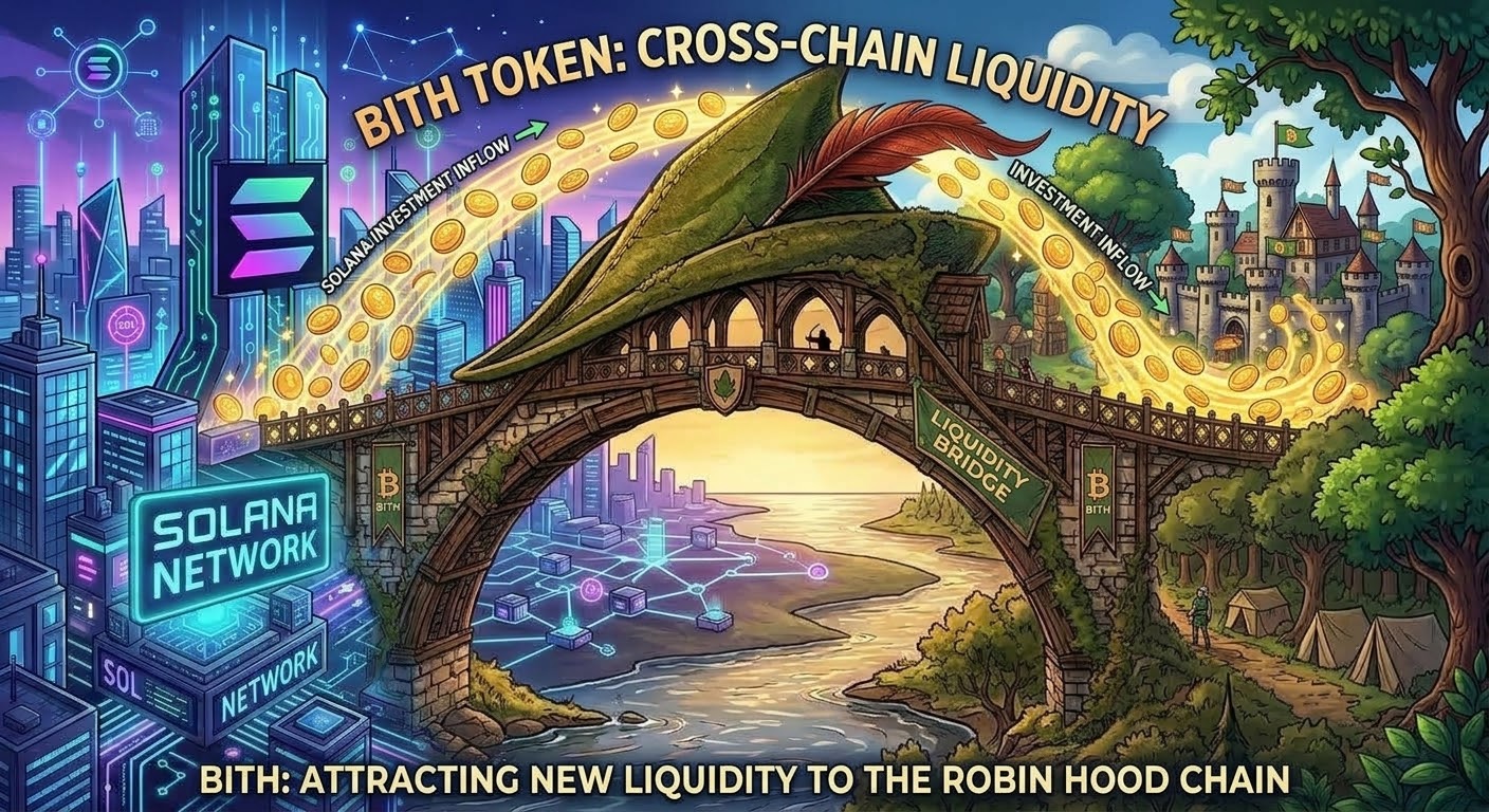Coins flowing across the arch of the bridge from the Solana network into Robinhood Chain