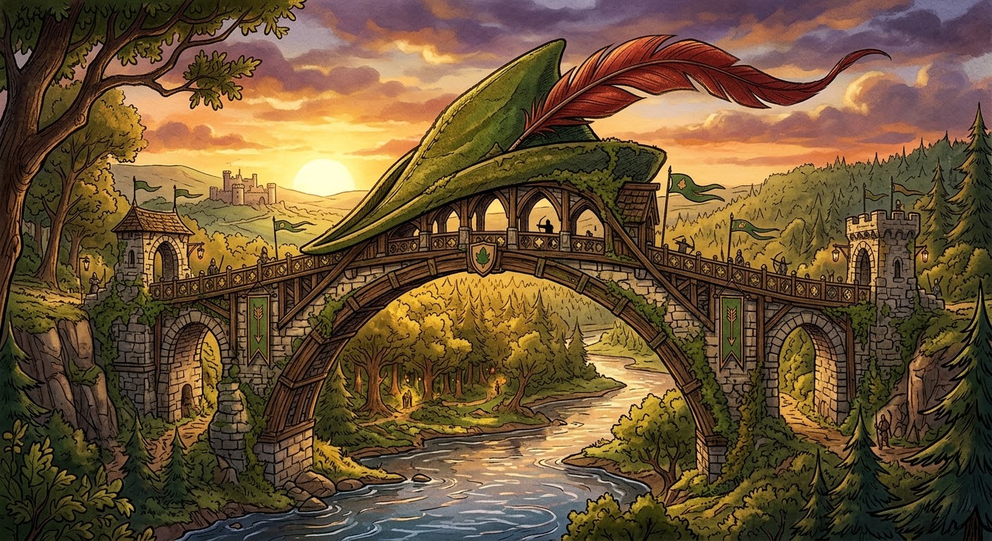 The hooded bridge at sunset connecting two forest castles